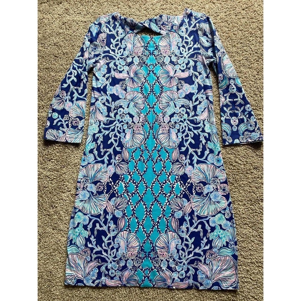 Lilly Pulitzer Dress Bay Lapis Lazuli Sea Shells XXS Stretch Cotton s3